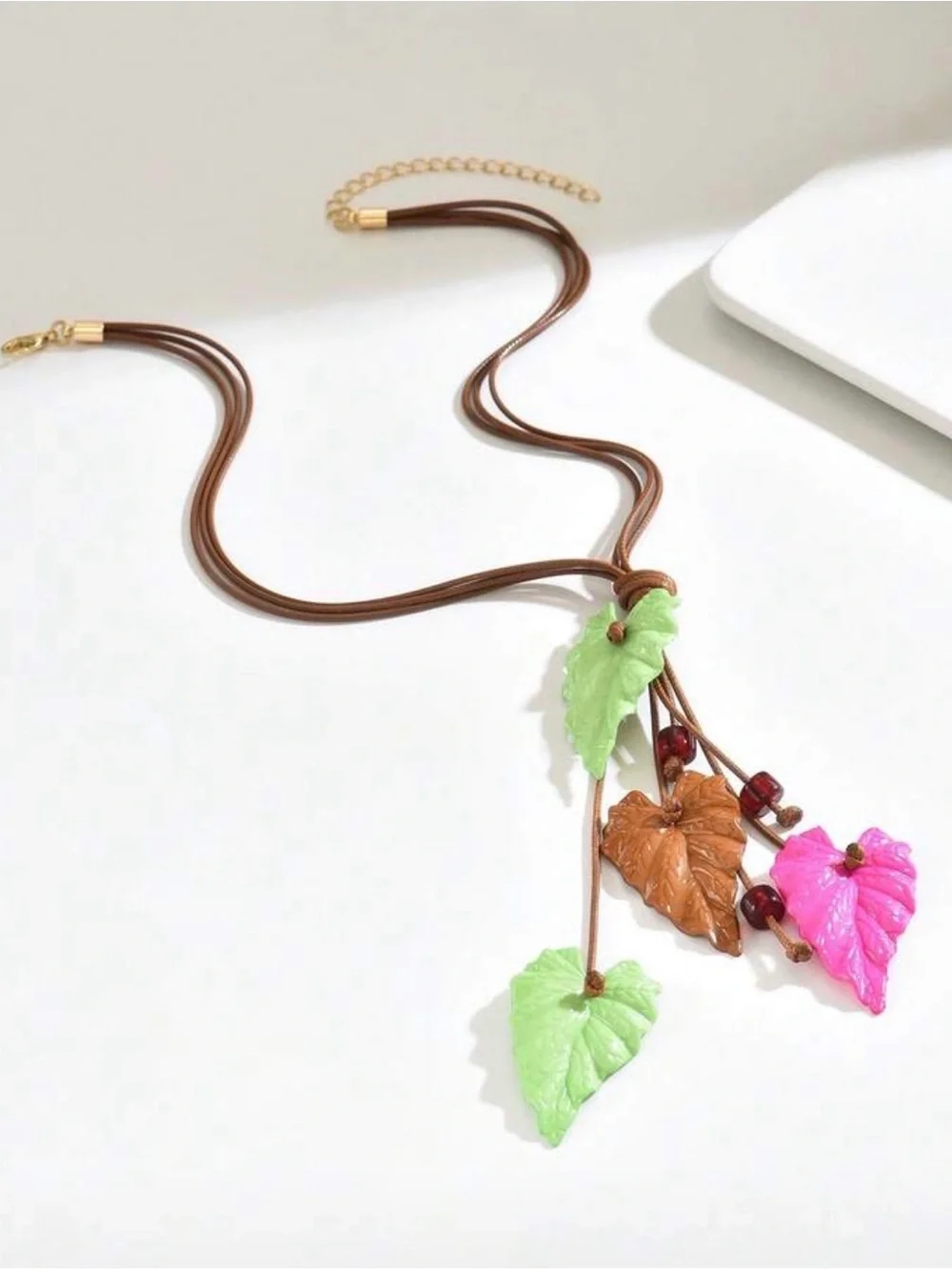 Handcrafted Leaf Pendant Necklace and Earrings Set - Pink, Green, Brown